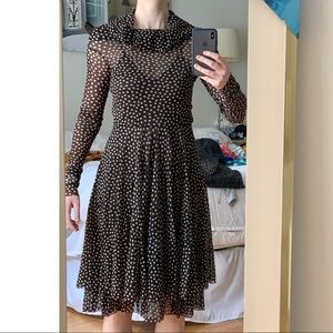 Fuzzi brown polka dot cowl neck tiered mesh dress